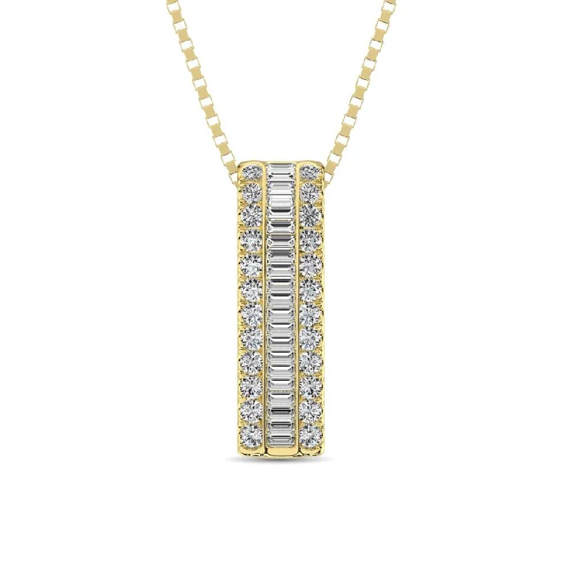 Women’s sapphire necklace-14K Yellow Gold Round and Baguette Diamond 1/3 Ct.Tw. Drop Bar Pendant