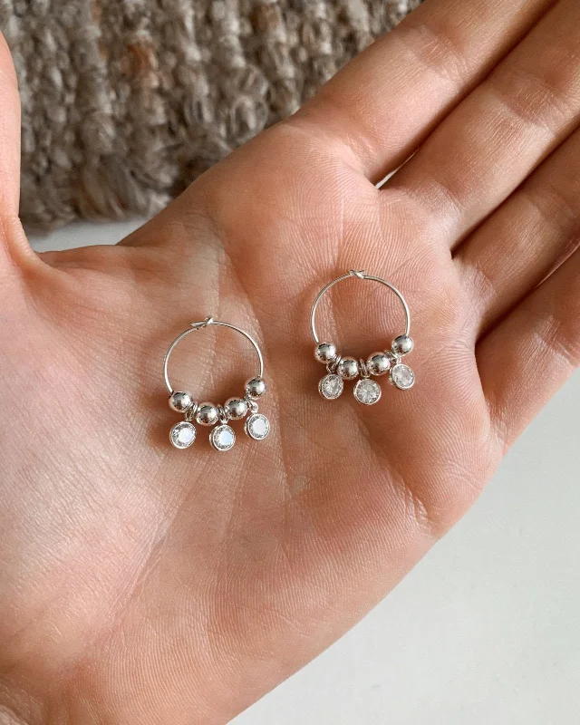 Women’s hoop earrings-Triple White CZ Hoop Earrings  - Sterling Silver