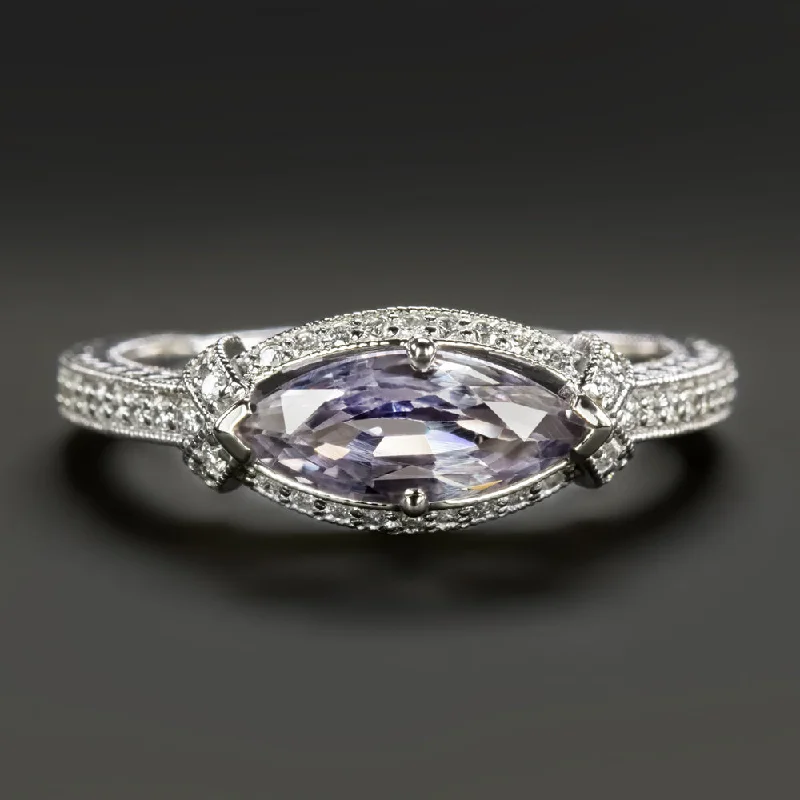 Women’s sapphire engagement ring-PURPLE SAPPHIRE DIAMOND VINTAGE STYLE RING MARQUISE SHAPE EAST WEST WHITE GOLD