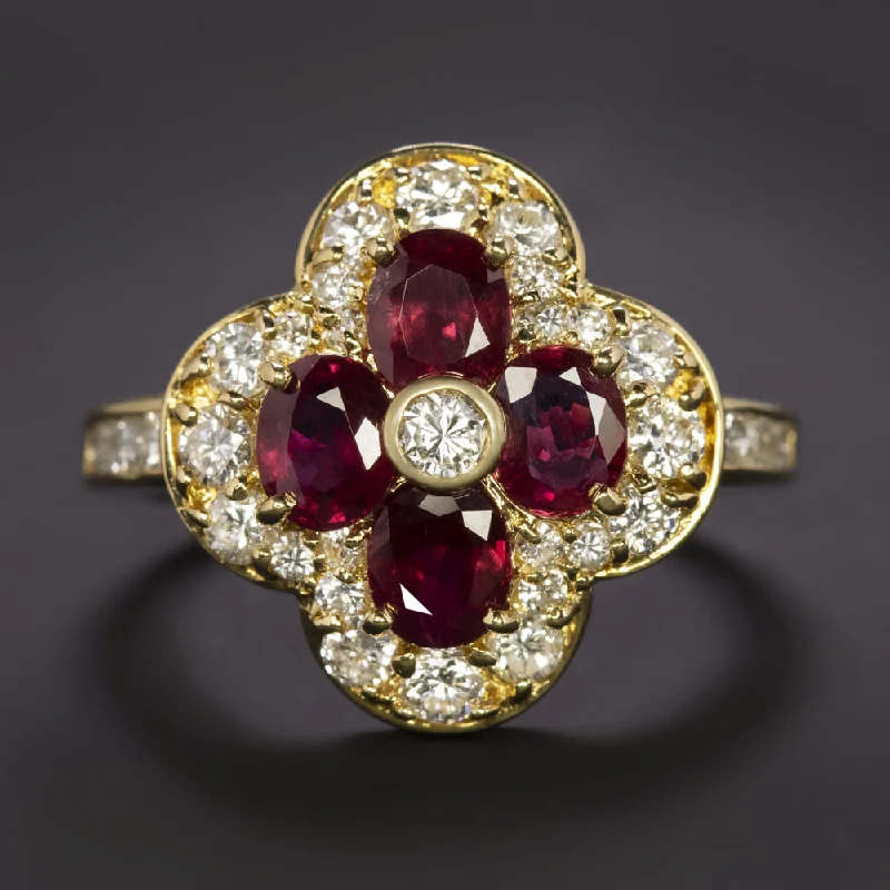 Women’s luxurious engagement ring set-2.51ct RUBY DIAMOND COCKTAIL RING 18k YELLOW GOLD CLOVER SHAPE CLUSTER NATURAL