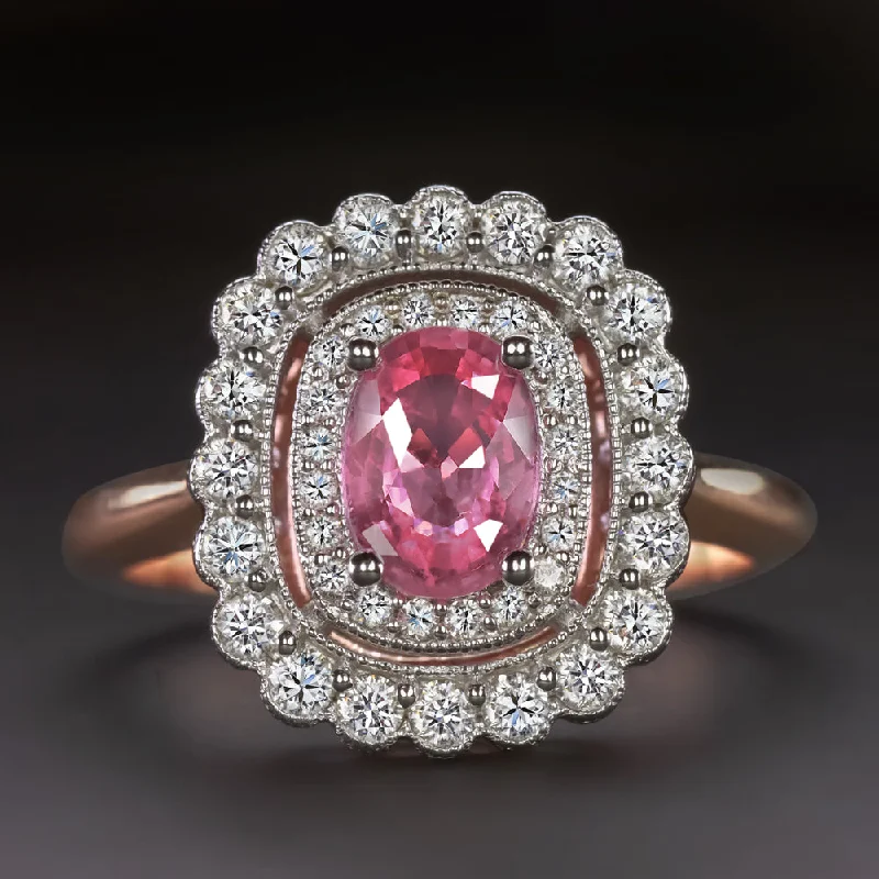 Women’s vintage engagement ring-NO HEAT PINK SAPPHIRE DIAMOND COCKTAIL RING HALO VINTAGE STYLE ROSE WHITE GOLD