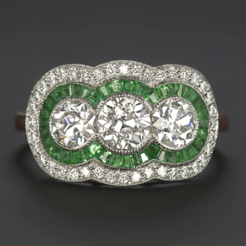 Women’s custom engagement ring-1.65ctw OLD EUROPEAN CUT DIAMOND EMERALD COCKTAIL RING VINTAGE STYLE 3 STONE