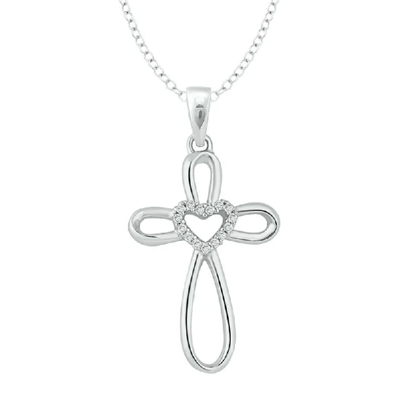 Women’s choker necklace-Sterling Silver Diamond Accent Heart & Cross Pendant