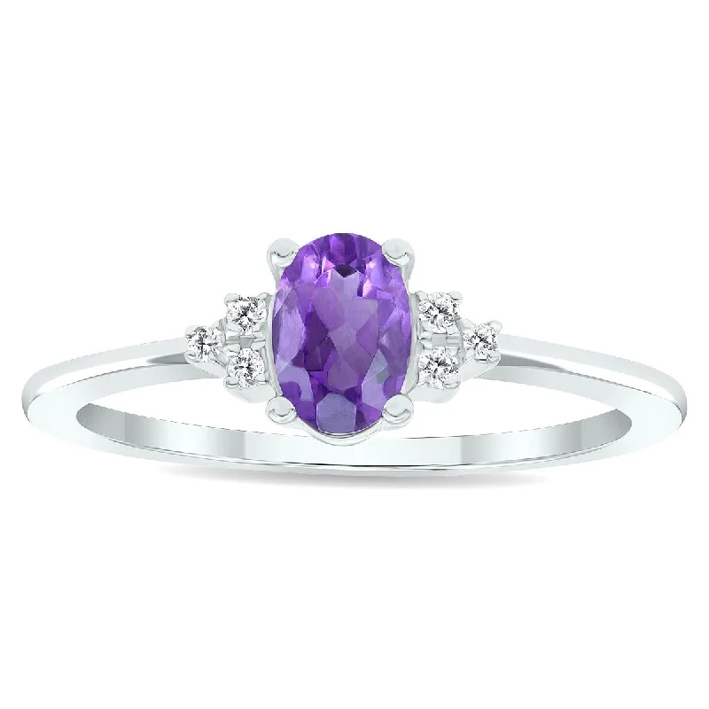 Women’s carved gemstone ring-Women's Amethyst and Diamond Half Moon Ring in 10K White Gold