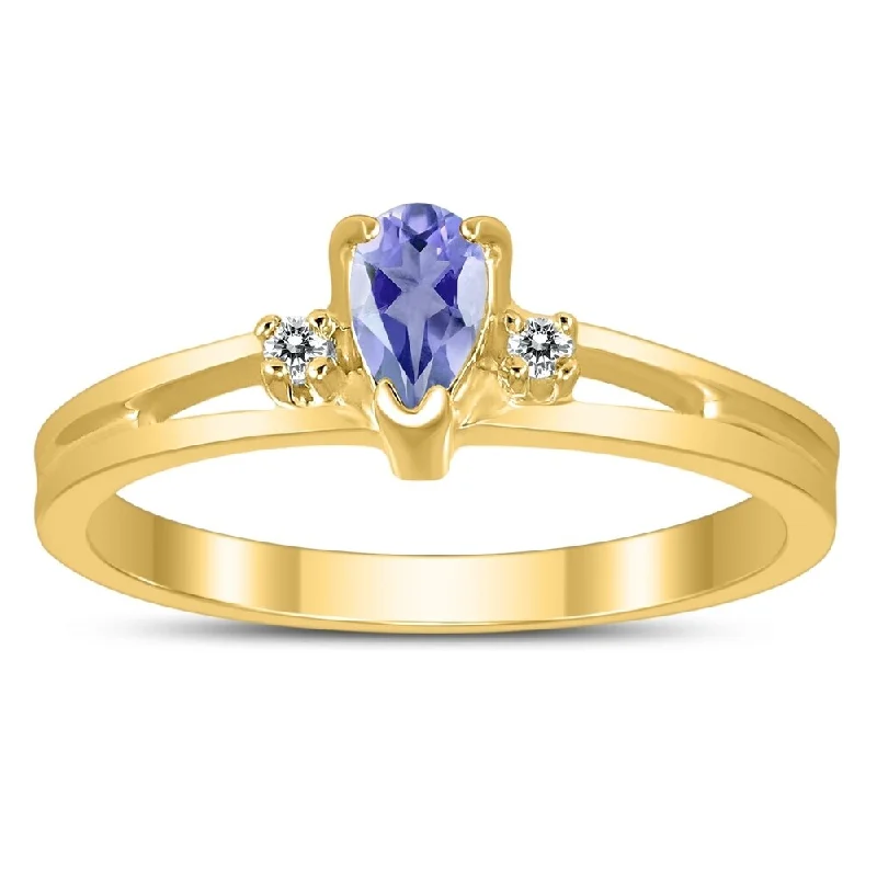 Women’s minimalist ring-5X3MM Tanzanite and Diamond Pear Shaped Open Three Stone Ring in 10K Yellow Gold