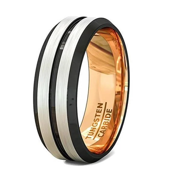 Women’s solitaire ring-Men's Domed Double Grooved Tungsten Wedding Band With Rose Gold Inlay - 8mm