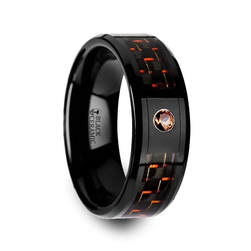 Women’s art deco ring-Men's Ceramic Ring With Black & Orange Carbon Fiber And Orange Padparadscha Setting - 8mm