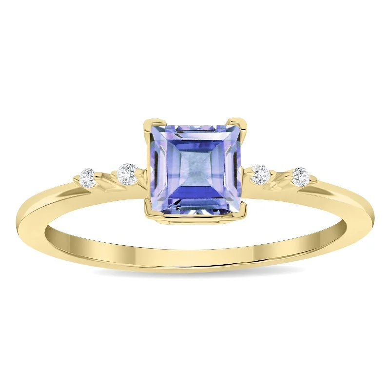 Women’s pearl ring-Women's Square Shaped Tanzanite and Diamond Sparkle Ring in 10K Yellow Gold