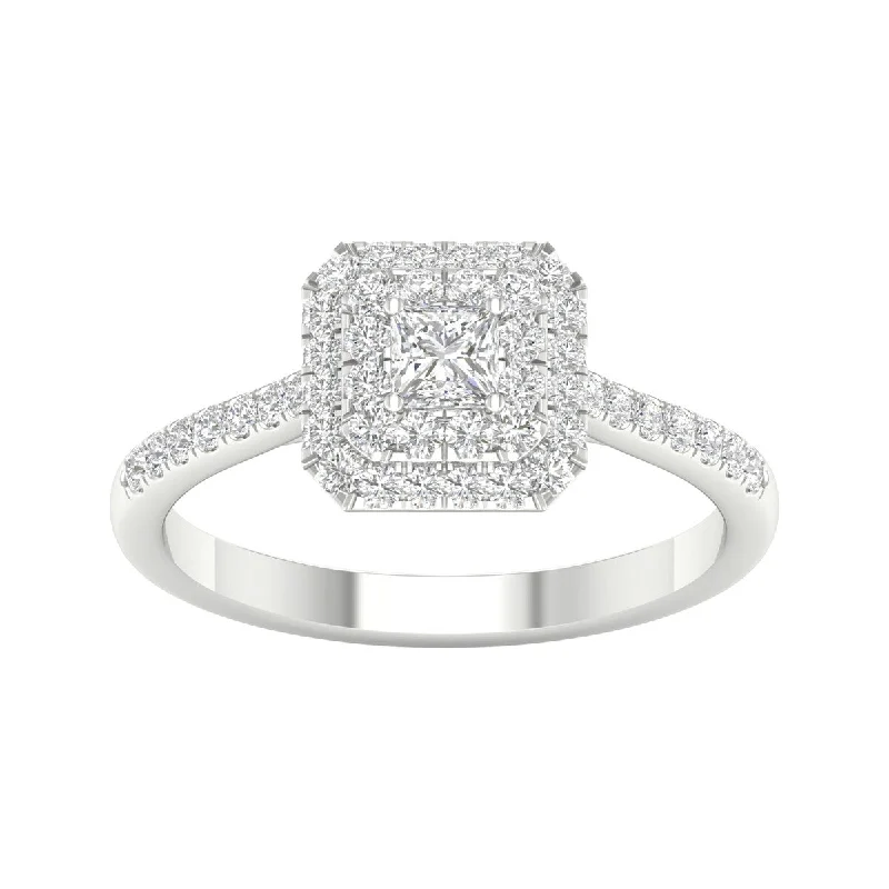 Women’s three-stone engagement ring-5/8ct TDW Princess Cut Diamond Halo Ring in 10k Gold by De Couer