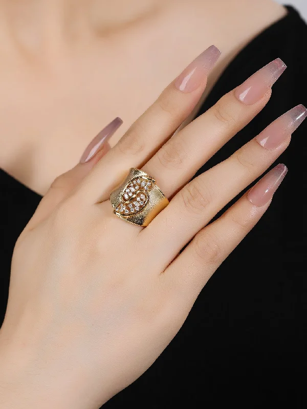 Women’s pearl statement ring-Glam Shiny Solid Color Copper Plating Hollow Out Inlay Zircon 18k Gold Plated Rings