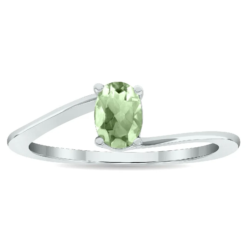 Women’s luxury wedding ring-Women's Solitaire Green Amethyst Wave Ring in 10K White Gold