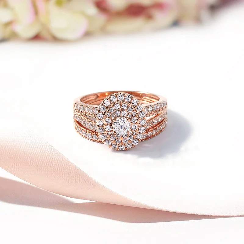 Women’s carved gemstone ring-De Couer 1ct TDW Halo Diamond Cluster Halo Bridal Ring in 14k Rose Gold