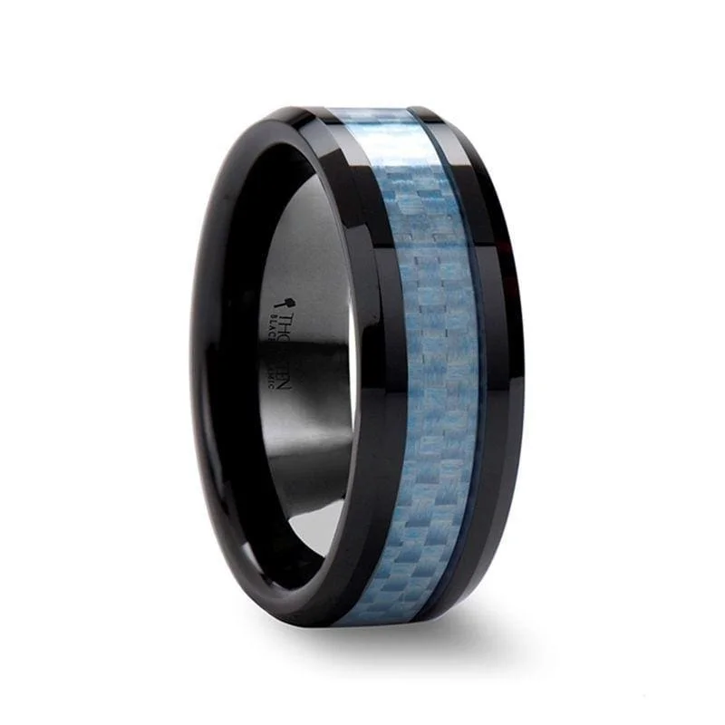 Women’s gemstone cluster ring-ADINO Men's Beveled Blue Carbon Fiber Inlaid Black Ceramic Wedding Band - 8mm