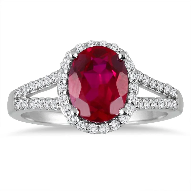 Women’s adjustable silver ring-Split Shank Ruby and Diamond Halo Ring in 14K White Gold