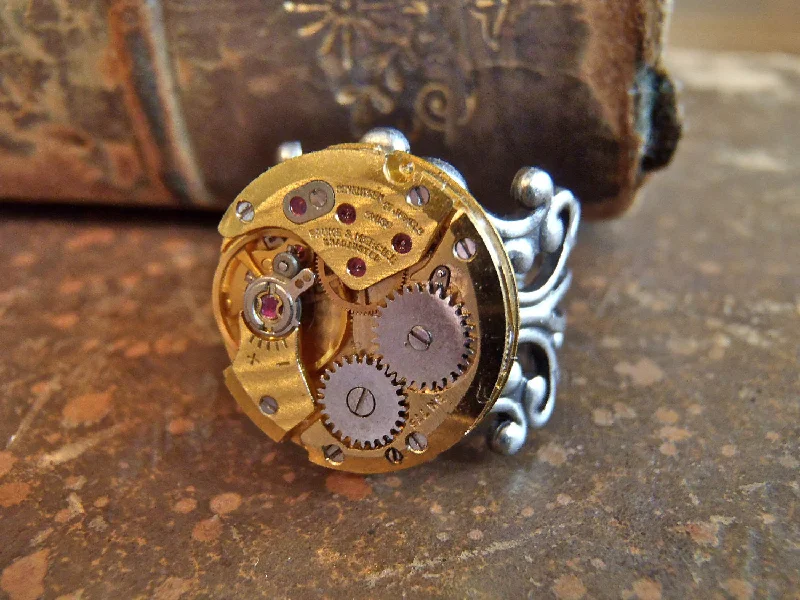 Women’s designer diamond ring-Steampunk Ring - Sphere - Steampunk jewelry made with real vintage watch movements