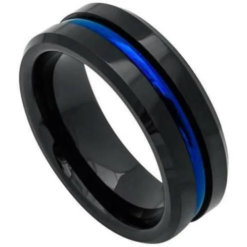 Women’s simple gold ring-Mens Black Tungsten Wedding Band With Blue Grooved Center High Polish - 8mm