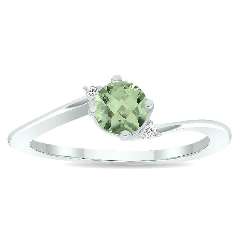 Women’s halo engagement ring-Women's Green Amethyst and Diamond Wave Ring in 10K White Gold