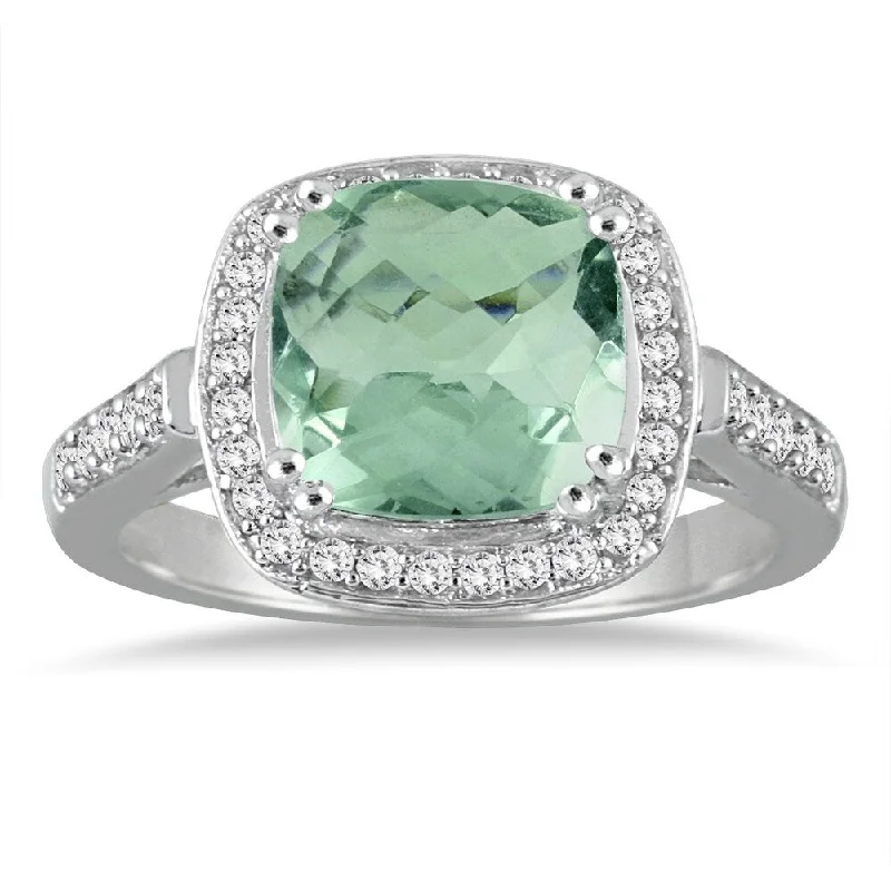 Women’s platinum ring-3 1/2 Carat Cushion Cut Green Amethyst and Diamond Ring in 14K White Gold