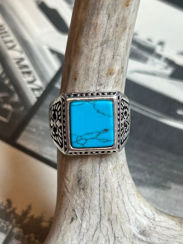 Women’s black gold ring-Turquoise Square Engraved Biker Ring