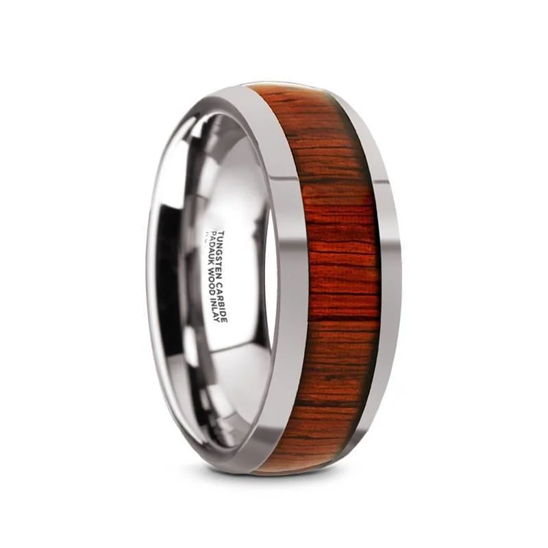 Women’s carved ring-Levi Men's Round Tungsten Carbide Wedding Band With Padauk Wood Inlay - 8 mm