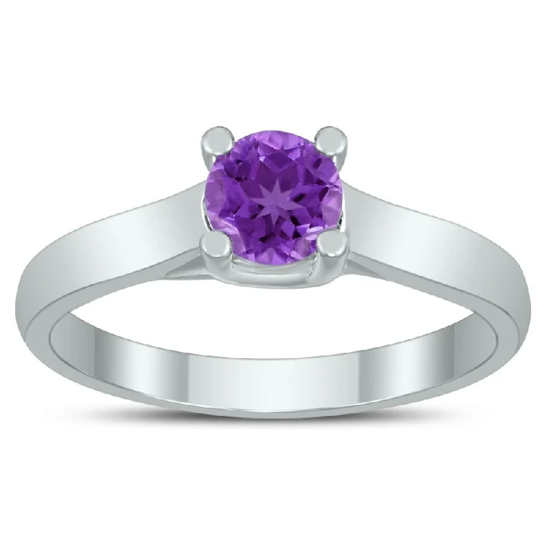 Women’s silver engagement ring-Round 5MM Amethyst Cathedral Solitaire Ring in 10K White Gold