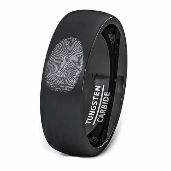 Women’s round diamond ring-Domed Finger Print Engraved Black Tungsten Wedding Ring With Brushed Center - 8mm