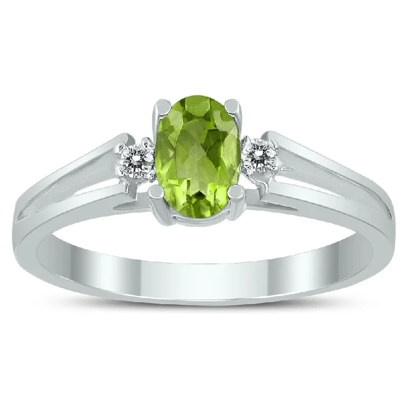 Women’s adjustable ring-6X4MM Peridot and Diamond Open Three Stone Ring in 10K White Gold