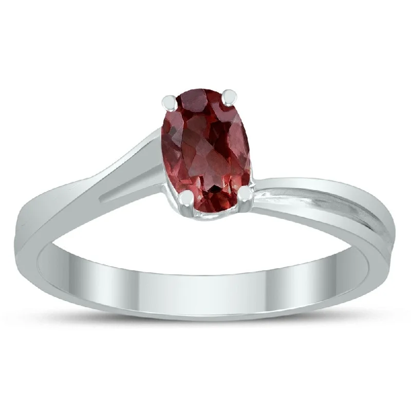 Women’s silver engagement ring-Solitaire Oval 6X4MM Garnet Gemstone Twist Ring in 10K White Gold