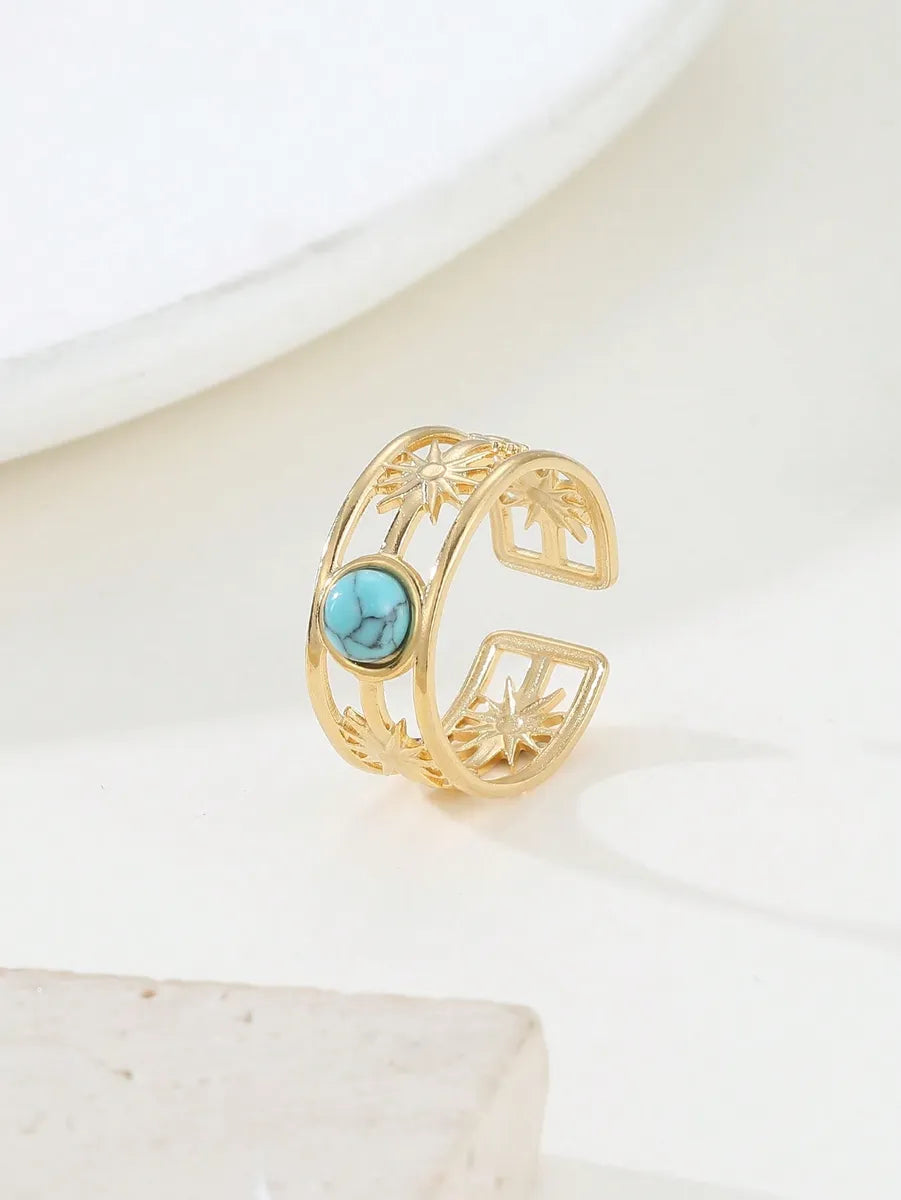 Women’s halo gemstone ring-Retro Geometric Stainless Steel Plating Inlay Natural Stone 18k Gold Plated Open Rings