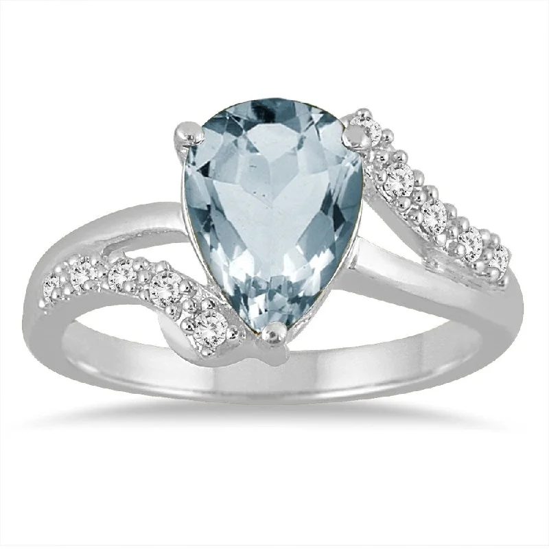 Women’s engraved ring-2 Carat Pear Shape Aquamarine and Diamond Ring in 10K White Gold