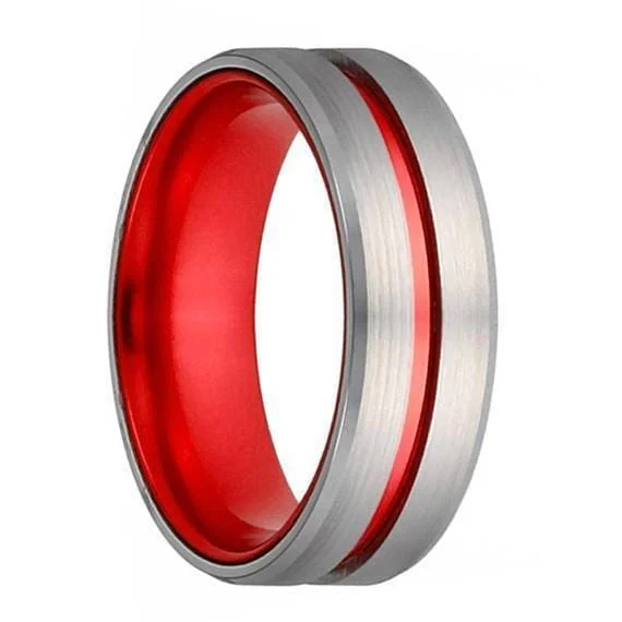 Women’s statement cocktail ring-Mens Classic Grooved Silver And Red Tungsten Wedding Band With Beveled Edges - 8mm