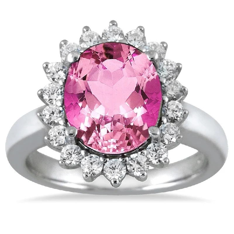 Women’s dainty ring-14K White Gold 4 Carat Pink Topaz and Diamond Ring in 14K White Gold