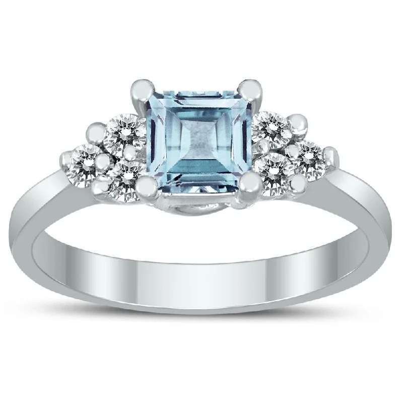 Women’s luxury wedding ring-Princess Cut 5X5MM Aquamarine and Diamond Duchess Ring in 10K White Gold