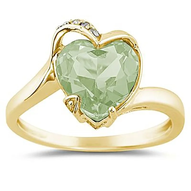 Women’s rose-cut diamond ring-Heart Shaped Green Amethyst and Diamond Curve Ring in 14K Yellow Gold