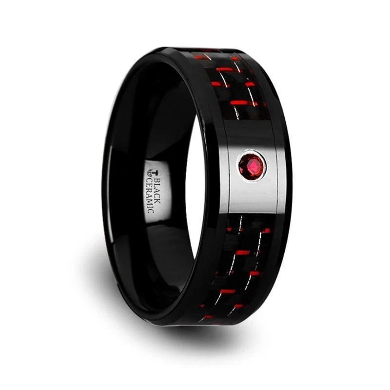 Women’s wedding ring set-BARON Men's Ceramic Ring With Black And Red Carbon Fiber And Red Ruby Setting - 8mm