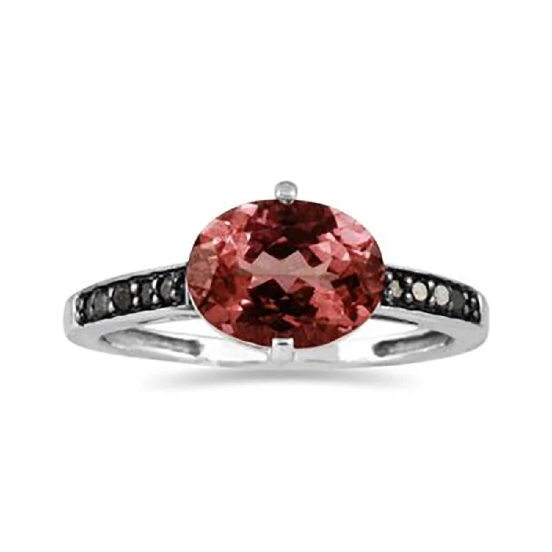 Women’s minimalist ring-Garnet and Black Diamond Ring in 10K White Gold