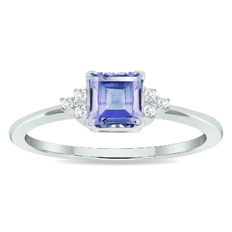 Women’s multi-band ring-Women's Princess Cut Tanzanite and Diamond Half Moon Ring in 10K White Gold