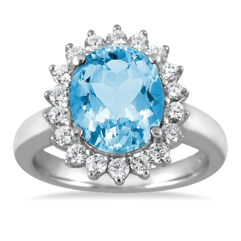 Women’s diamond band ring-4 Carat Blue Topaz and Diamond Ring in 14K White Gold