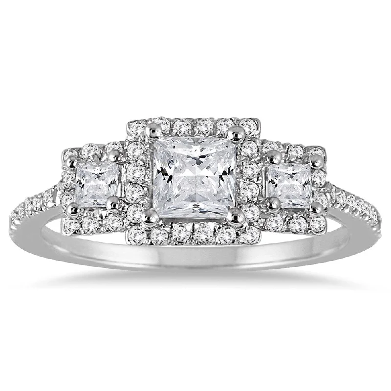 Women’s titanium ring-Marquee 14k White Gold 1ct TDW Princess Cut Halo Diamond Three Stone Ring (I-J, I1-I2)