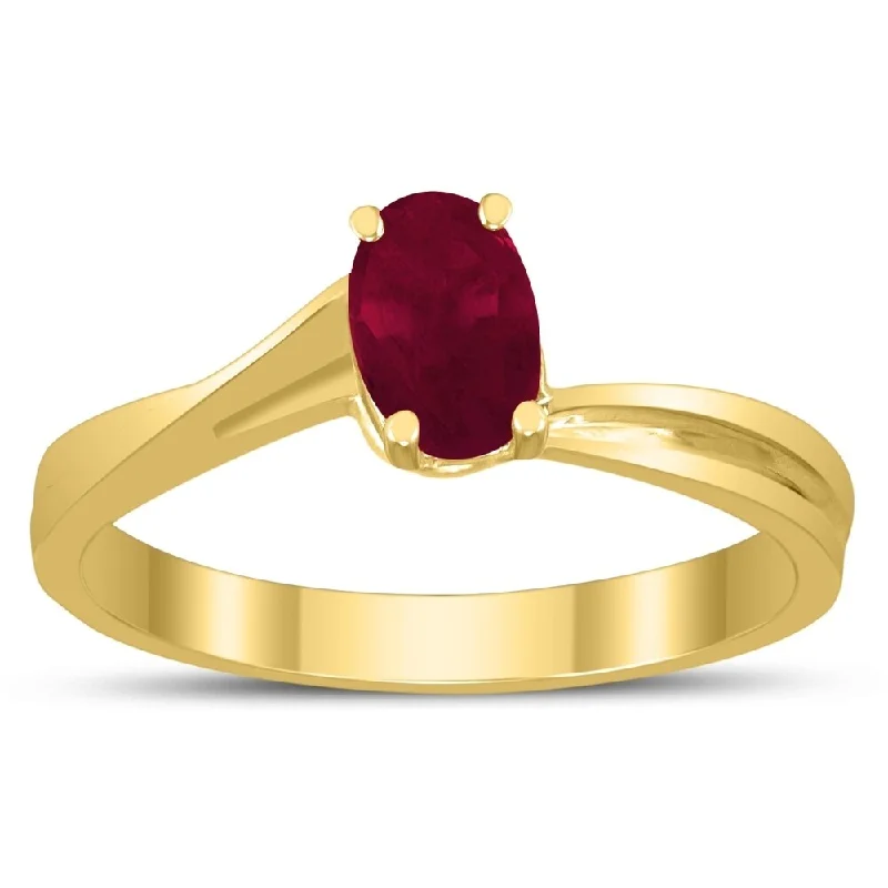 Women’s elegant engagement ring-Solitaire Oval 6X4MM Ruby Gemstone Twist Ring in 10K Yellow Gold