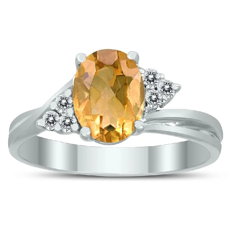 Women’s twisted gold ring-8X6MM Citrine and Diamond Twist Ring in 10K White Gold