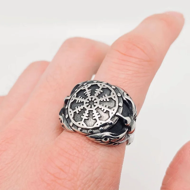 Women’s two-tone ring-Viking Crow Compass Biker Ring