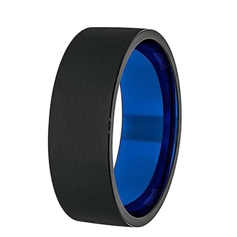 Women’s fashion ring-Men's Pipe-cut Black Tungsten Wedding Ring With Brushed Finish & Blue Inside - 8 mm