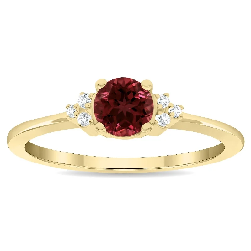 Women’s gold ring-Women's Round Shaped Garnet and Diamond Half Moon Ring in 10K Yellow Gold