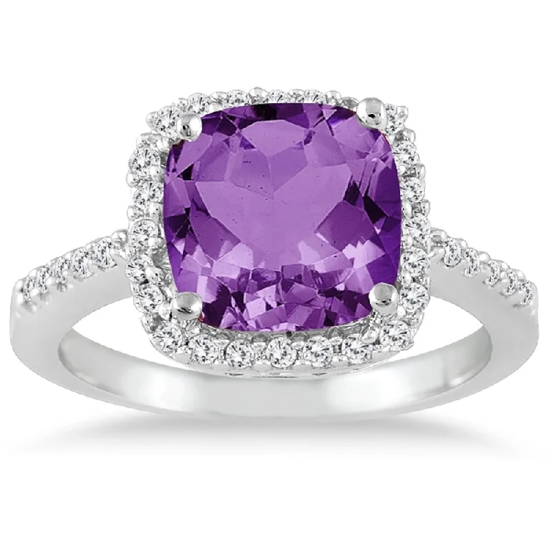 Women’s custom gemstone ring-2 1/2 Carat Cushion Cut Amethyst and Diamond Ring 14K White Gold