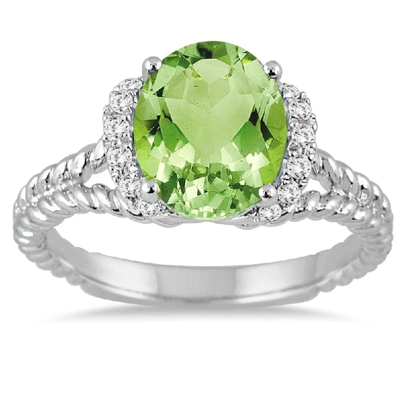 Women’s titanium ring-2 1/4 Carat Oval Peridot and Diamond Ring in 14K White Gold