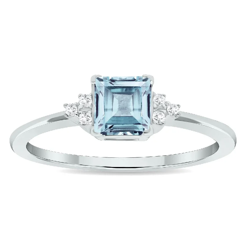 Women’s rose-cut diamond ring-Women's Princess Cut Aquamarine and Diamond Half Moon Ring in 10K White Gold