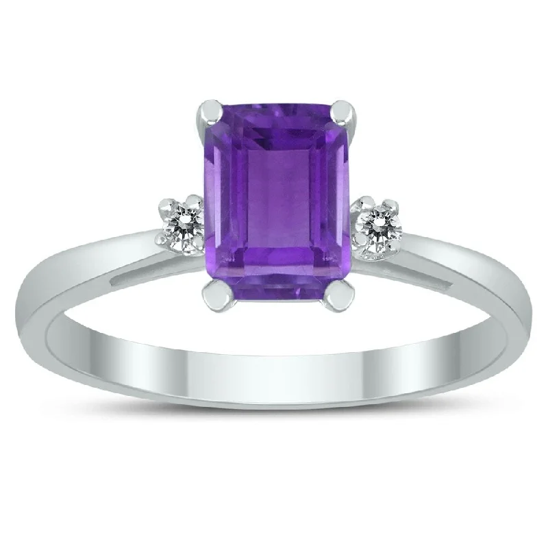 Women’s wide band ring-Emerald Cut 7X5MM Amethyst and Diamond Three Stone Ring in 10K White Gold