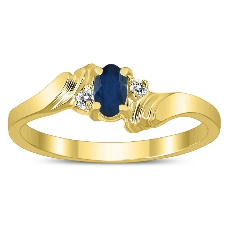 Women’s elegant engagement ring-5X3MM Sapphire and Diamond Wave Ring in 10K Yellow Gold