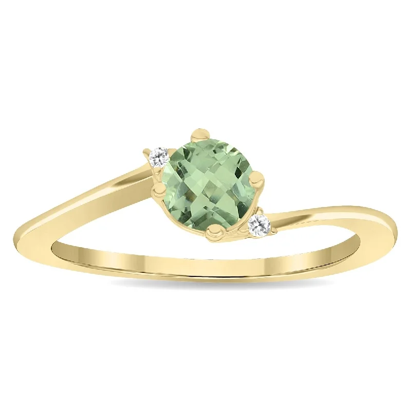 Women’s polished ring-Women's Round Shaped Green Amethyst and Diamond Wave Ring in 10K Yellow Gold